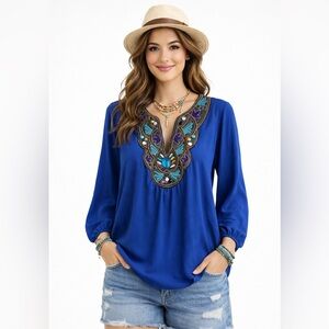 Embroidered Blue Women's Tunic Top